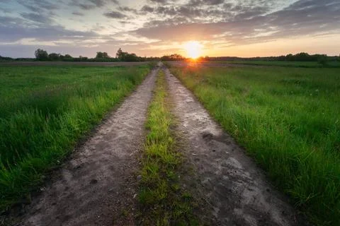 View of a straight and empty dirt road through green meadows with sunset Stock Photos