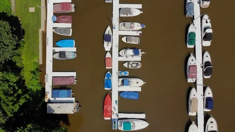 View Straight Down on Small River Marina  	 Stock Footage 91633705
