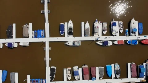 View Straight Down on Small River Marina  	 Stock Footage 91633718