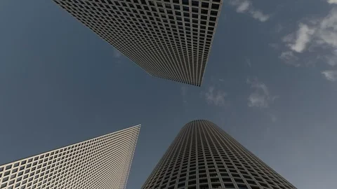 View of the straight lines of the circular, square and triangular Azrieli Towers Видео 90361603