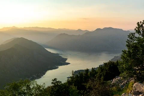 View of the strait at kotor at sunset Stock Photos