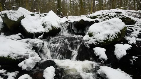 View of a stream flowing over snow-covered rocks in Sweden. Stock Footage 339916924