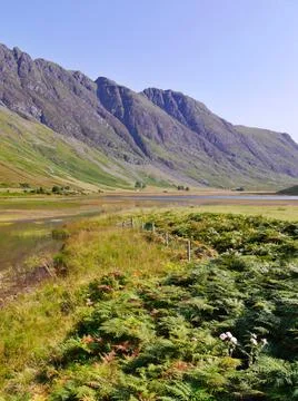 View of stream flowing through Glencoe valley, Scottish Highlands Stock Photos
