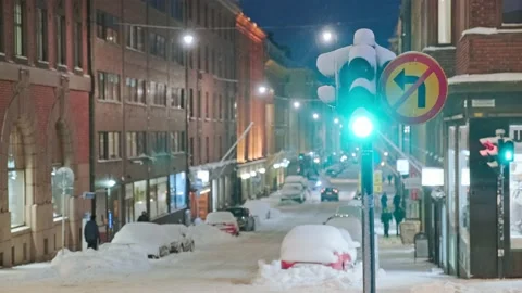 View of the street in Central Helsinki during the snowstorm Stock Footage 170457710