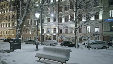 View of the street in Central Helsinki during the snowstorm Stock Footage 170458629
