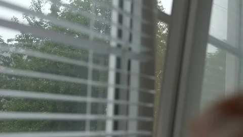 View of the street during the rain through the blinds on the window. 4k, slow Stock-Footage 91892165