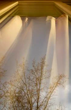View of the street through the window, which reflects the curtains. Stock Photos