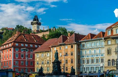 View of streets and typical architecture in Graz, Austria Stock Photos