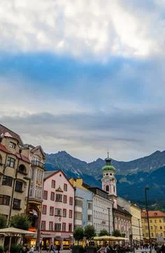 View of streets and typical Tyrolean architecture in Innsbruck, Austria Stock Photos