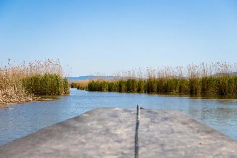 View of the stubble fields while crossing the river on a wooden boat Stock Photos