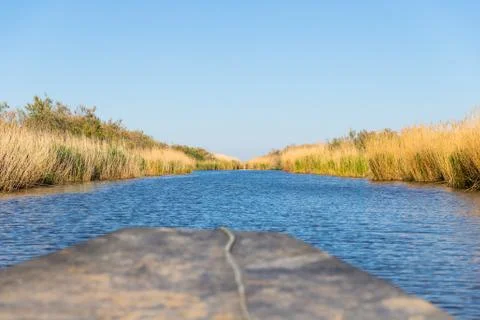 View of the stubble fields while crossing the river on a wooden boat Stock Photos