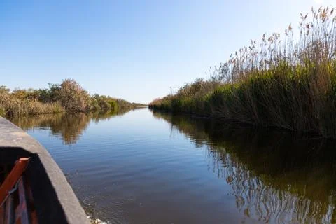 View of the stubble fields while crossing the river on a wooden boat Stock Photos