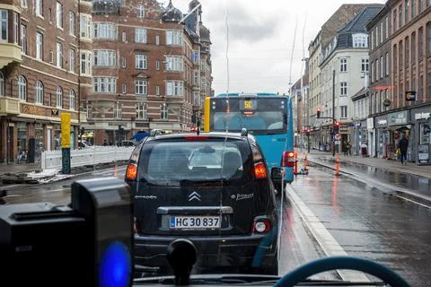 View of suburbia from inside a public shuttle bus Stock Photos