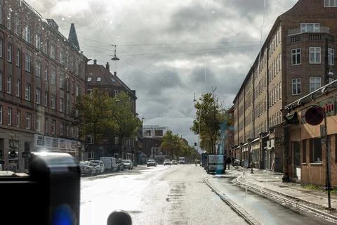 View of suburbia from inside a public shuttle bus Stock Photos