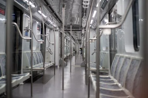View of a subway empty train from inside Stock Photos