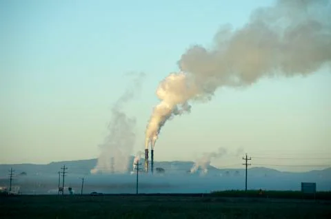 View of sugar processing plant behind fog Stock Photos
