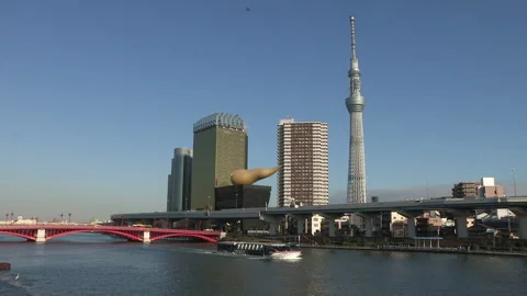 View of the Sumida River and Tokyo Skytree from Azumabashi Bridge Stock Footage 330760193