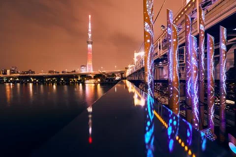 View of Sumida River at night. Stock Photos