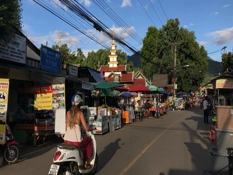 View of summer sunset on Walking Street in Pai, Thailand at sunset Video stock 79191207