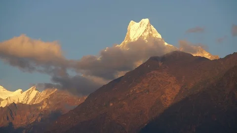 View on the summit of the mountain Machapuchare at sunset, Nepal, asia. Video stock 108635812