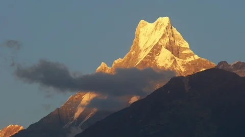 View on the summit of the mountain Machapuchare at sunset, Nepal, asia. Video stock 108635968