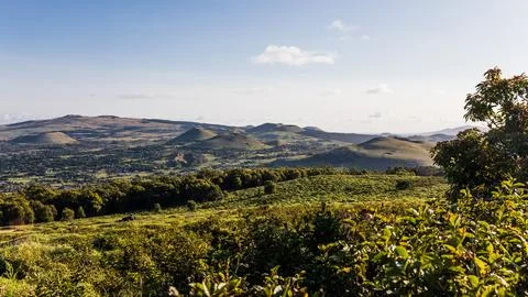 The view from the summit of Rano Kau down to the green landscape including th Foto stock