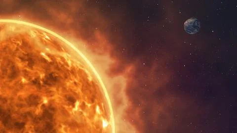 A view of the Sun and Earth from space Stockillustratie