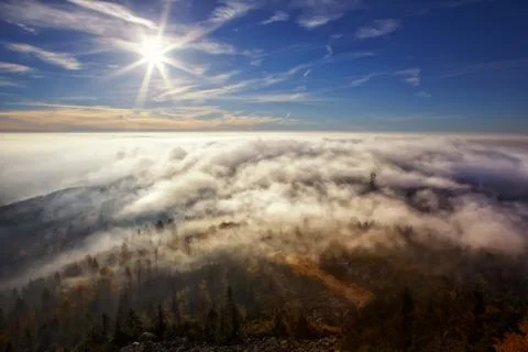 View on the sun over inversion from jested, jested-kozakov ridge, czech repub Stock Photos