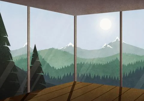 View of sun shining over idyllic mountain and forest landscape from glass house 스톡 일러스트