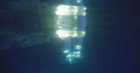 View of sunlight rays onto underwater cave, Devil's Den Natural Spring in Stock Footage 258317115