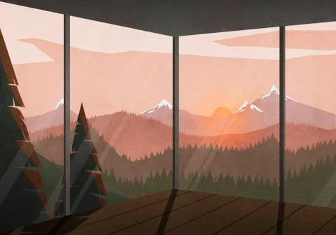 View of sunset behind tranquil, idyllic landscape from house Stock Illustration