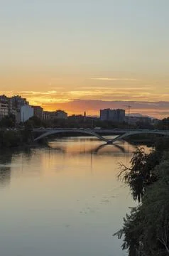 View of the sunset from the bridge over the ebro river Stock Photos