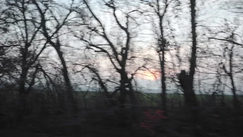 View of sunset at highway though trees. speed blur Stock Footage 132692326