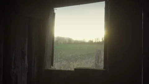 View of sunset from inside wooden cabin Video stock 169049280