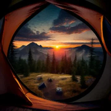 View of the sunset in the mountains from the tent during Camping in the Republic Stock Illustration