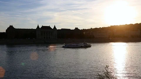 View of sunset over Danube at Budapest from wharf Stock Footage 75828298