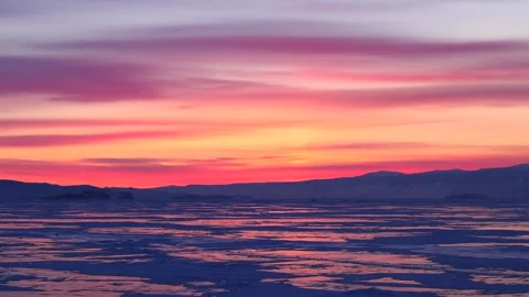 View of sunset over the frozen Lake Baikal, Russia. Stock-Footage 343672889