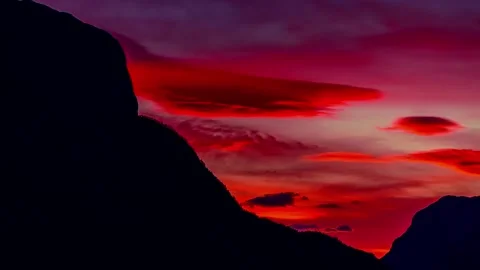 View of sunset over the mountains in Flam, Norway. Video stock 340638714