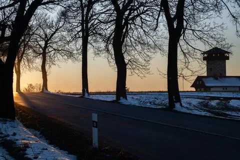View for sunset over road to Semily with trees near Roprachtice CZ 12 28 2024 Stock Photos