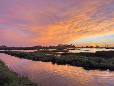 View of sunset on Ria de Aveiro, Ovar, Portugal. Stock Photos