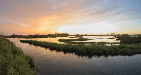 View of sunset on Ria de Aveiro, Ovar, Portugal. Stock Photos