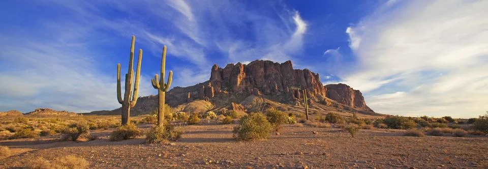 View of the Superstion Mountain Range from Lost Dutchman State Park in Apache Stock Photos
