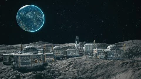 A view of the surface of an alien planet, a space colony or a lunar base with Stock Illustration