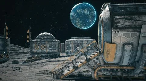 A view of the surface of another planet, a lunar colony or a space base with Stock Illustration