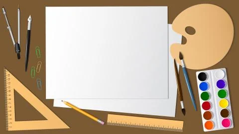View of the surface of the desktop with the expansion it artistic and stationery Stock Illustration