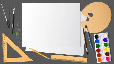 View of the surface of the desktop with the expansion it artistic and stationery Stock Illustration