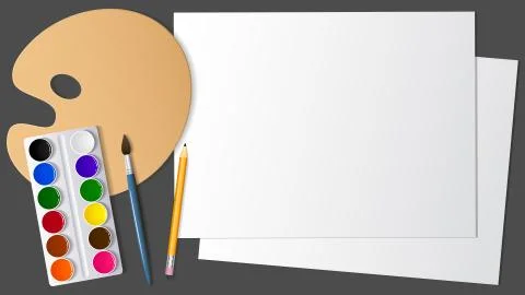 View of the surface of the desktop with the expansion it artistic and stationery Stock Illustration
