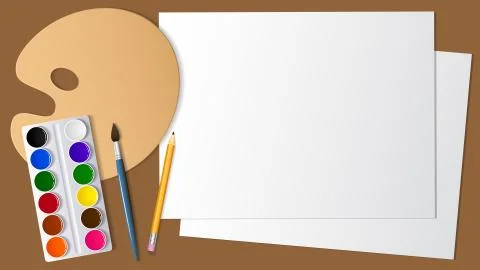 View of the surface of the desktop with the expansion it artistic and stationery Stock Illustration