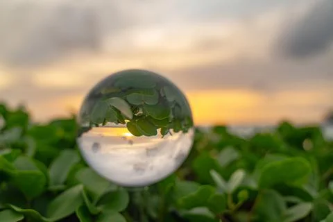 View of sweet sunset on the beach inside crystal ball Stock Photos