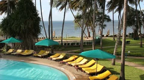 View of Swimming Pool Setting on Tropical Beach with Palm Trees  (HD) Stock Footage 12166505